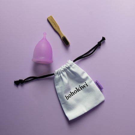 bohokiwi bamboo cleaning brush with Lavender menstrual cup and cotton storage bag