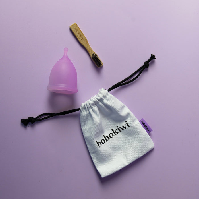 bohokiwi bamboo cleaning brush with Lavender menstrual cup and cotton storage bag