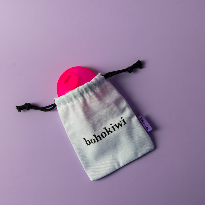 bohokiwi cotton storage bag with pink menstrual disc