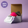 Bohokiwi reusable menstrual disc two pack with Neon Pink and Midnight Black discs and cotton storage bags, with 20% off promotion