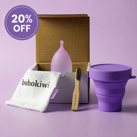 Bohokiwi menstrual cup set with Purple collapsible steriliser, cotton storage bag and bamboo cleaning brush