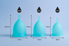 Bohokiwi menstrual cup size guide showing Mini, Regular and Large cup dimensions