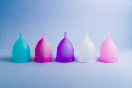 Bohokiwi reusable menstrual cups in Sapphire Blue, Rainbow, Lavender, Opaque and Rose