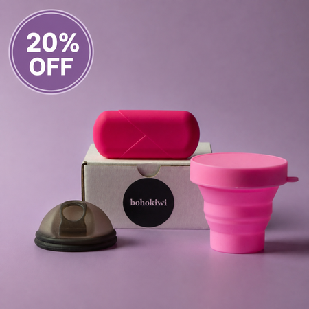 Bohokiwi menstrual disc set with Pink capsule carrier case, Midnight Black menstrual disc and Hot Pink collapsible steriliser, with 20% off promotion