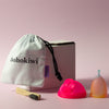 Bohokiwi menstrual cup and Neon Pink menstrual disc with cotton storage bag and bamboo cleaning brush