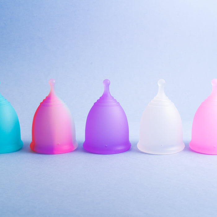Bohokiwi reusable menstrual cups in Sapphire Blue, Rainbow, Lavender, Opaque and Rose