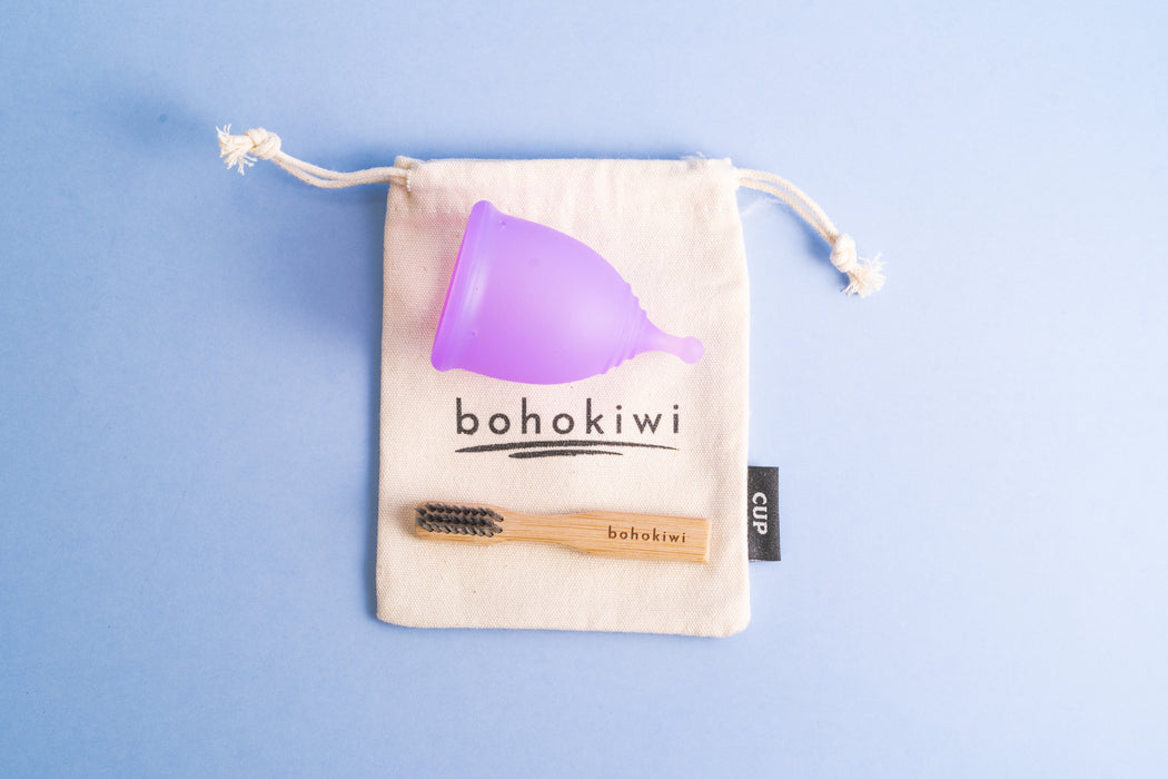 Bohokiwi Lavender menstrual cup with cotton storage bag and bamboo cleaning brush