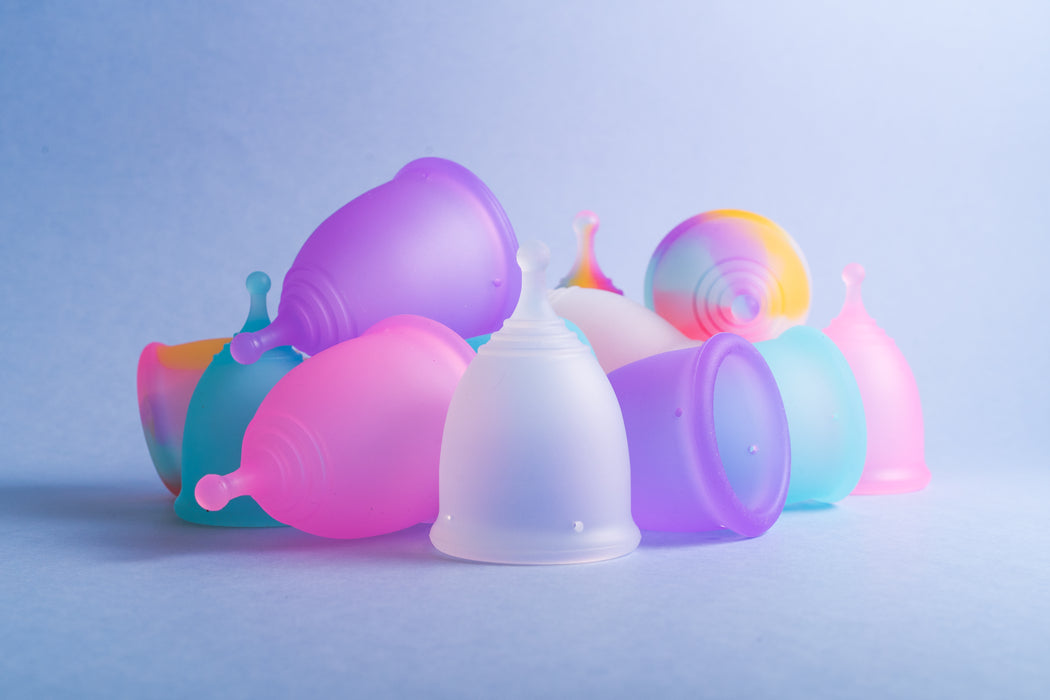 Bohokiwi reusable menstrual cups in Sapphire Blue, Rainbow, Lavender, Opaque and Rose