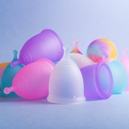 Bohokiwi reusable menstrual cups in Sapphire Blue, Rainbow, Lavender, Opaque and Rose